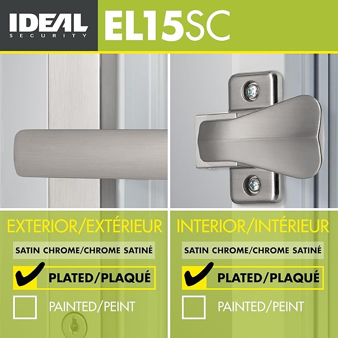Ideal Security EL Keyed Lever Mount Latch with Deadbolt, Surface Mount Storm Door Handle Replacement, 2 Posts with Tie Down Screw, Satin Chrome