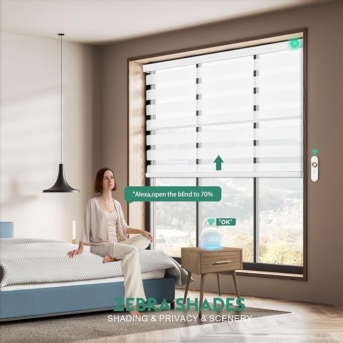 Motorized Zebra Blinds with Remote, Work with HomeKit Alexa Automatic Electric Window Shades 60% Blackout Light Filtering for Smart Home and Office, Customized Size White