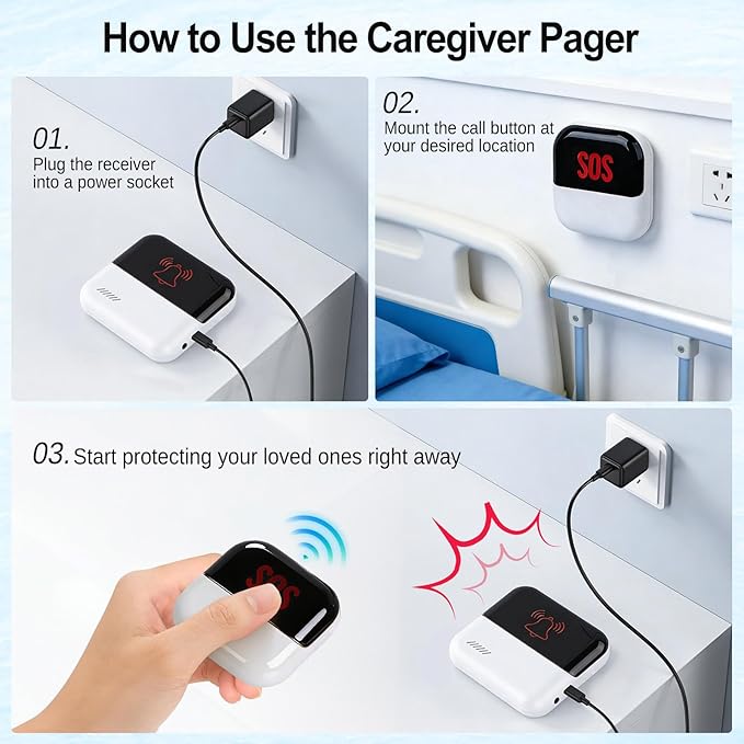 WiFi Caregiver Pager System, SOS Call Button for Elderly at Home, No Monthly Fee Emergency Alert Button with App Notifications, 2 Panic Buttons&1 Receiver, 426ft Range for Seniors, Patients, Disabled
