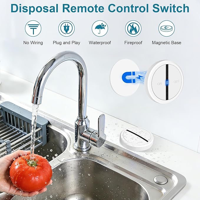 Greencycle Garbage Disposal Wireless Switch Kit,On/Off Switch with Remote Magnetic Base,Air Switch Replacement with No Wiring,No Drilling On Sink Top,500FT RF Range,15A/1500W for Household Appliances