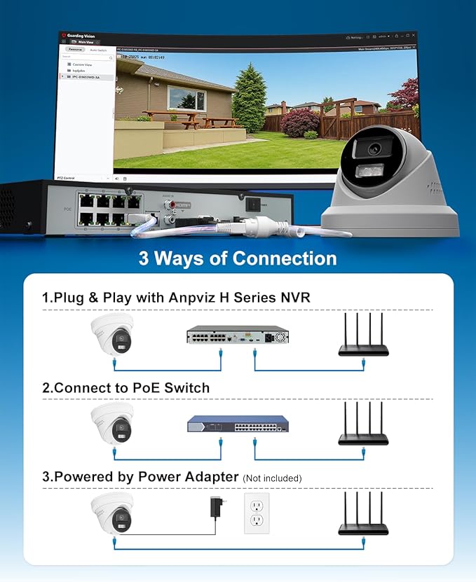 Anpviz 5MP Wired PoE IP Camera, Strobe Red & Blue Light and Audio Alarm, Metal Turret Security Camera Outdoor, Two Way Audio, Smart Dual Light, Human Vehicle Detection, IP67, IPC-D3653WD-RB (H Series)