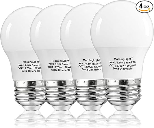 MorningLight A15 Ceiling Fan Light Bulb 60 Watt Equivalent, 6.5W Dimmable LED Light Bulbs, 2700K Warm White, E26 Base, 4 Pack A15 LED Light Bulbs 60W for Pendant, Hallway Fixtures, 600LM