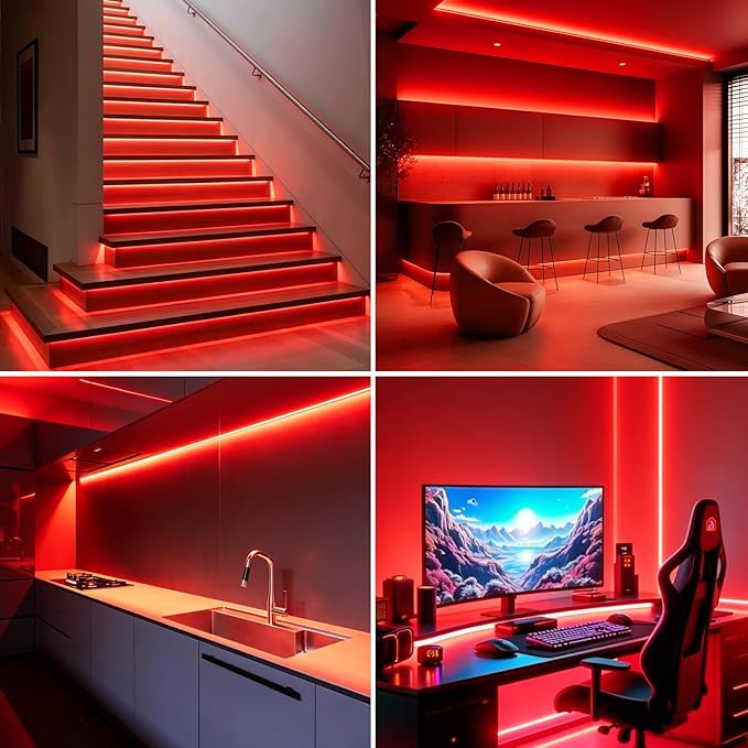 Red LED Strip Light 16.4ft – Dimmable, Waterproof, Flexible & Cuttable – 12V UL Listed Adapter – 3M Tape – DIY for Bedroom, Party, Bar, Festival