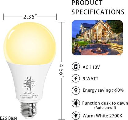 Gonhom 8 Pack Dusk to Dawn Light Bulbs Outdoor, 2700K Warm White, 720LM, 9W(60W Equivalent) A19 E26 Automatic On/Off LED Sensor Light Bulbs, Dusk to Dawn Outdoor Lighting for Porch Garage Patio
