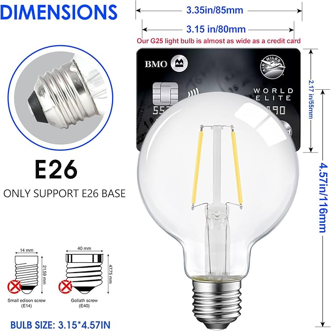 E ENERGETIC LIGHTING Dimmable LED Edison Light Bulb, G25 (G80) 500LM Globe Bulb, 60W Equivalent, 4000K Cool White, Christmas Light, E26 Standard Base, ETL Listed, 6-Pack