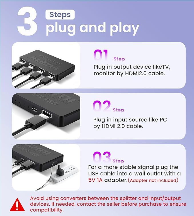 avedio links 4K HDMI Splitter 1 in 4 Out with Hdmi 2.0 Cable, HDMI Video Distributor 1X4 Mirror Duplicate 1 Source to 4 Displays (Only Mirror, Not for Extended), Support 1080P@60Hz, 3D, PS5, HDTV