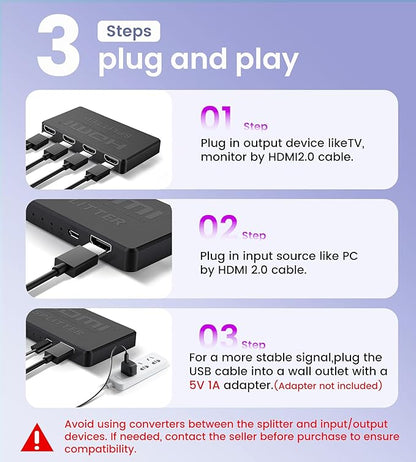 avedio links 4K HDMI Splitter 1 in 4 Out with Hdmi 2.0 Cable, HDMI Video Distributor 1X4 Mirror Duplicate 1 Source to 4 Displays (Only Mirror, Not for Extended), Support 1080P@60Hz, 3D, PS5, HDTV