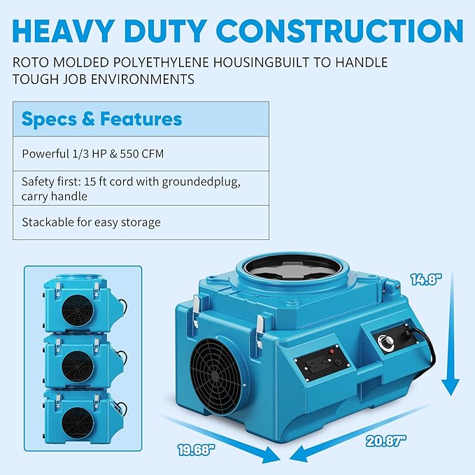 Air Scrubber with 3 Stage Filtration, 550CFM HEPA Air Scrubber Commercial Industrial Grade, Heavy Duty Air Cleaner with MERV-10 Filter, HEPA/Activated carbon Filter, Blue-2PCS