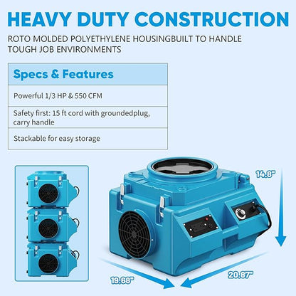 Air Scrubber with 3 Stage Filtration, 550CFM HEPA Air Scrubber Commercial Industrial Grade, Heavy Duty Air Cleaner with MERV-10 Filter, HEPA/Activated carbon Filter, Blue-2PCS
