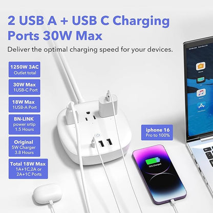 BN-LINK Remote Control Surge Protected Power Strip with 3 Individually Controlled Outlets, PD 20W Fast Charging USB-C, 3.9 FT Plug Extension Cord, 3 always-on USB Ports, Desk USB Charging Station, ETL