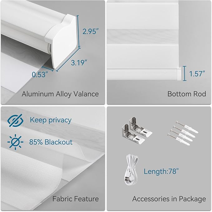 Interior Window Shades, Smart Dual Layer Light Filtering Blinds Compatible with Alexa & Google Home, Customized Size Cordless Electric Window Shades, (Light Gray, 85% Blackout)