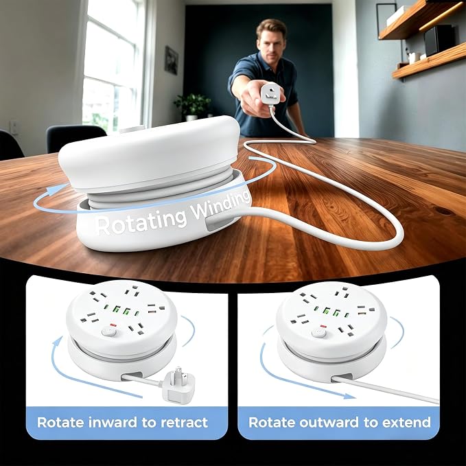 Power Strip Surge Protector-6.56 ft Retractable Travel Extension Cord Portable Powerstrip with 5 Outlet 2 Smart USB Port 2 USB C for Home Office Travel White