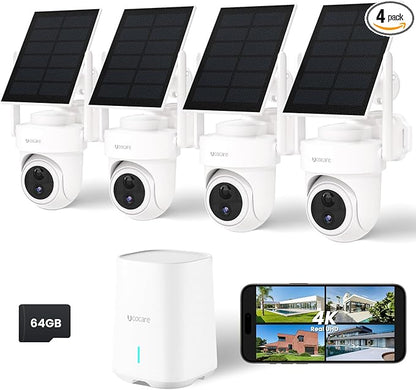UCOCARE Solar Camera Kit, 4K/8MP Security Cameras Wireless Outdoor with Base Station Enhanced WiFi 300m Coverage, 64GB TF Card, No Subscription, 360° AutoTracking, 5G & 2.4G WiFi, IP66, 4 Cam-Kit
