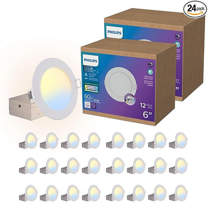 Philips LED 60W Slim 6-inch Canless Downlight 24-Pack Selectable White Mult-CCT 1000 Lumen (12.5W = 60W) Dimmable No Housing Required