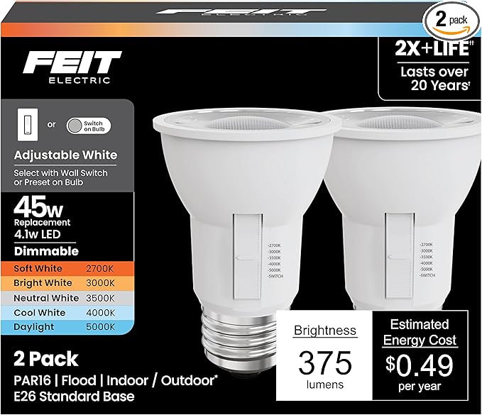 Feit Electric PAR16 LED Light Bulbs, 45W Equivalent, Dimmable, Color Selectable 6-Way, 5CCT, E26 Base, 90 CRI, 375 Lumens, Damp Rated Flood Light Bulb, 22-Year Lifetime, PAR1645DM/6WYCA/2, 2 Pack
