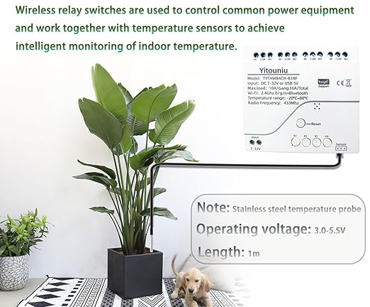 Tuya WiFi Temperature Sensor, 4CH Relay Switch, Independent Control, Home Automation,iOS Android Application, Dry contact,Compatible with Alexa and Google Home, White
