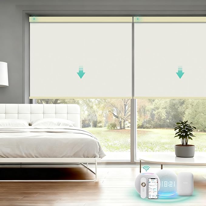 Motorized Blinds with Remote, Blackout Smart Automatic Electric Blinds for Indoor Windows, Cordless Motorized Roller Shades with Custom Size（Lvory Shimmer）