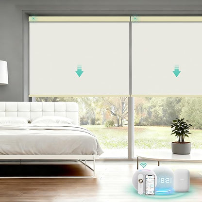 Motorized Blinds with Remote, Blackout Smart Automatic Electric Blinds for Indoor Windows, Cordless Motorized Roller Shades with Custom Size（Lvory Shimmer）