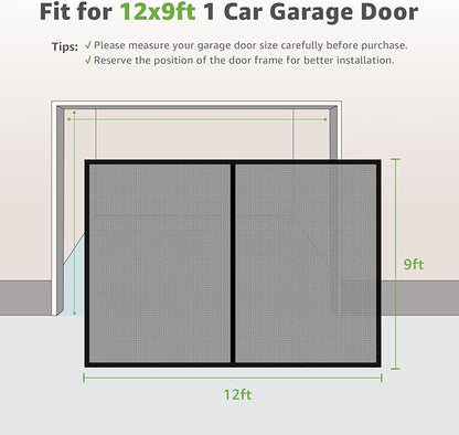 Garage Screen Doors for 1 Car Garage - 12x9Ft Magnetic Closure Heavy Duty Weighted Bottom Screen Self Sealing Fiberglass Mesh Anti Annoying Animals Retractable Net - Easy Install & Pass-Through(Black)