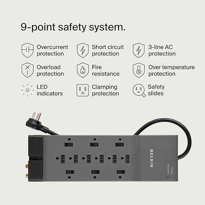 Belkin Power Strip Surge Protector - 12 AC Multiple Outlets & 8 ft Long Flat Plug Heavy Duty Extension Cord for Home, Office, Travel, Computer, Laptop & Phone Charging Brick (3,940 Joules), Pack of 3