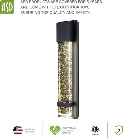 ASD LED 18" Bubble Glass Wall Light Fixture, Outdoor & Indoor Seeded Sconce | 3CCT, Waterproof, Dimmable, ETL Listed | 12W 500LM 3000-5000K 120V | Exterior Lantern, Porch Lighting | Black, 4 Pack