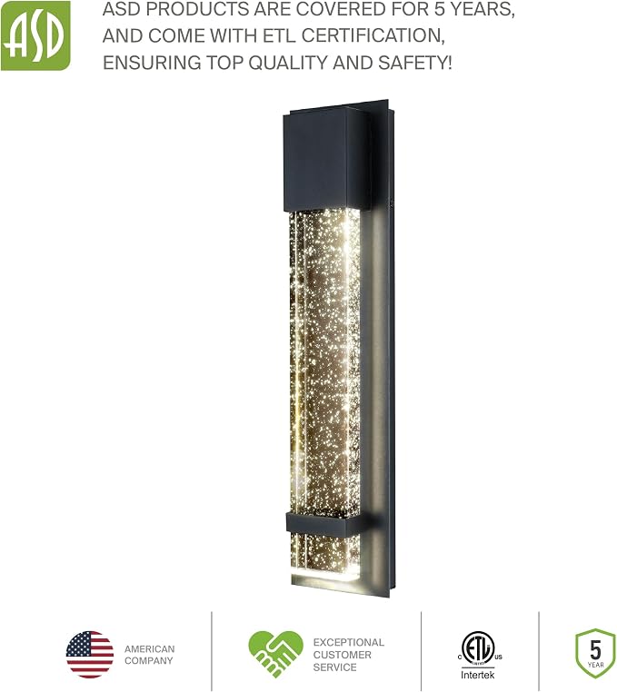 ASD LED 24" Bubble Glass Wall Light Fixture, Outdoor & Indoor Seeded Sconce | 3CCT, Waterproof, Dimmable, ETL Listed | 20W 600LM 3000-5000K 100-277V | Exterior Lantern, Porch Lighting | Black, 4 Pack