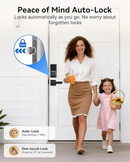 Smart Deadbolt Lock with 2 Lever Handles, Keyless Entry Door Lock Set, Fingerprint, Touchscreen Keypad, APP Control, Temporary Passcode, Auto Lock, IP54 Waterproof, Easy Install for Front Door