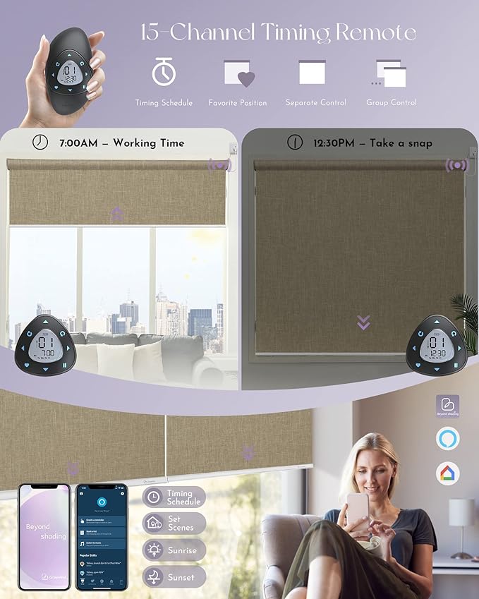 Graywind Motorized Shades 100% Blackout Work with Alexa Google Smart Home Control Build-in Hardwired Window Shades Thermal Insulated Window Blinds, Customized Size (Coffee)