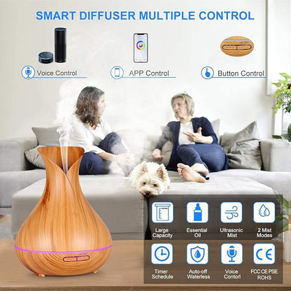 Smart WiFi Wireless Essential Oil Aromatherapy Diffuser, Compatible with Alexa & Google Home, Phone App & Voice Control, Large Ultrasonic Diffuser, LED & Timer Settings