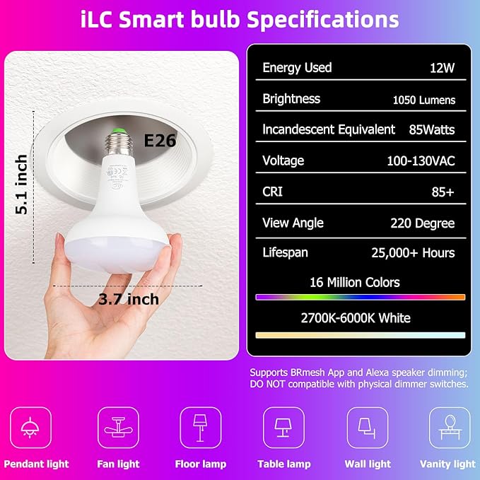 ILC BR30 LED Recessed Can Light Bulbs, Indoor Flood Light Bulbs, Bluetooth Mesh Color Changing via BRmesh APP, Tunable 2700K-6000K, E26 Base 10W 900LM (70W Equiv.), for 5"/6" Cans Only, 6 Pack