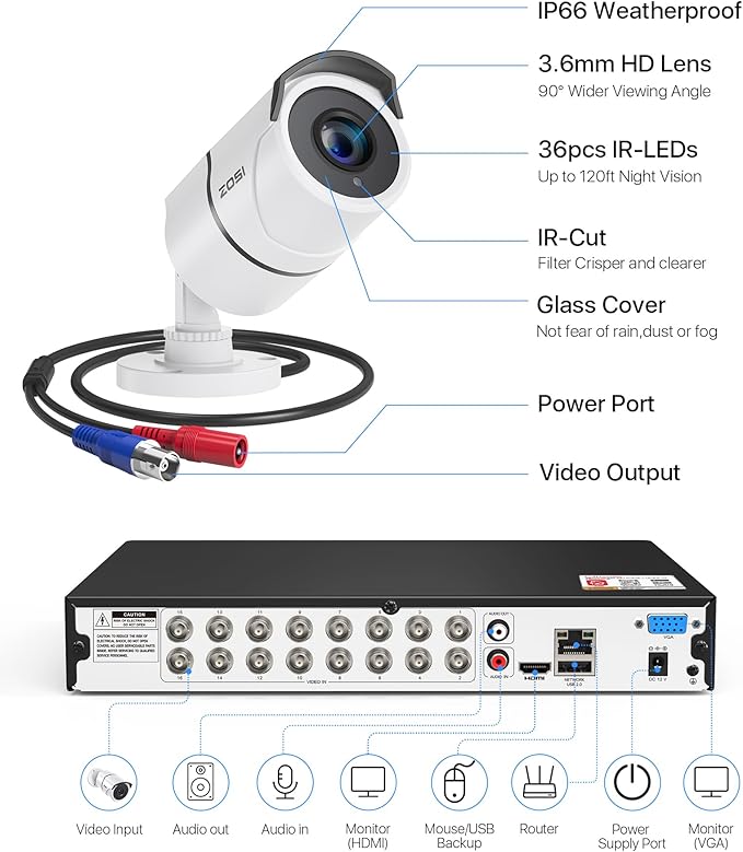 ZOSI 16 Channel Wired Security Camera System with 2TB HDD, 8 x 1080P Outdoor Metal CCTV Cameras with Audio, Human/Vehicle Detection, Night Vision, No Monthly Fee, 16CH DVR for Business 24/7 Recording