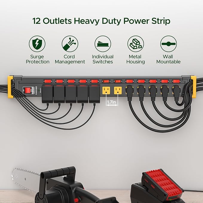 12 Outlet Long Heavy Duty Power Strip with Individual Switches