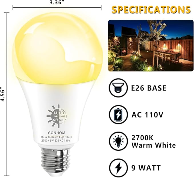 Gonhom 2 Pack Dusk to Dawn Light Bulbs Outdoor, 2700K Warm White, 720LM, 9W(60W Equivalent) A19 E26 Automatic On/Off LED Sensor Light Bulbs, Dusk to Dawn Outdoor Lighting for Porch Garage Patio