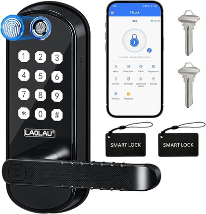 B04 Fingerprint Electronic Door Lock with Keypad and Handle – Keyless Entry Smart Door Lock, Remote APP Control, Code Unlock, Matte Black, Smart Locks for Front Door, Home, Office Use