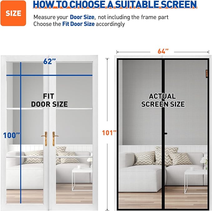 MAGZO Magnetic Screen Door Fit Door Size 62 x 100 Inch, Screen Size 64" x 101" Strong Magnets Mesh, Reinforced Fiberglass Net for Patio and Front Entrances, Gray
