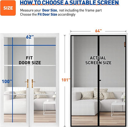 MAGZO Magnetic Screen Door Fit Door Size 62 x 100 Inch, Screen Size 64" x 101" Strong Magnets Mesh, Reinforced Fiberglass Net for Patio and Front Entrances, Gray
