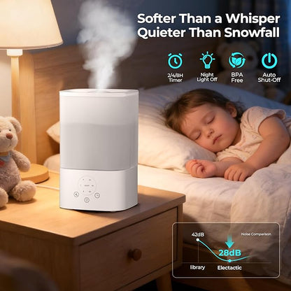 3.2L Cool Mist Humidifiers for Bedroom,Humidifiers for Baby Nursery＆Plants,3 in 1,Top Fill,360°Nozzle,Timer,24DB Quiet,BPA Free,Tap to Operate,White