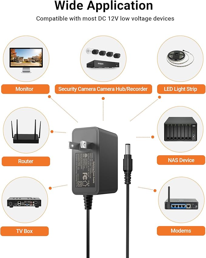 Anlapus DC 12V 2A Power Adapter, 5.5mm x 2.1mm Plug, 3.28ft Long Cords, 100V-240V Power Supply for Home CCTV Security Cameras, DVR, NVR Surveillance Systems