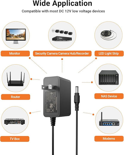 Anlapus DC 12V 2A Power Adapter, 5.5mm x 2.1mm Plug, 3.28ft Long Cords, 100V-240V Power Supply for Home CCTV Security Cameras, DVR, NVR Surveillance Systems