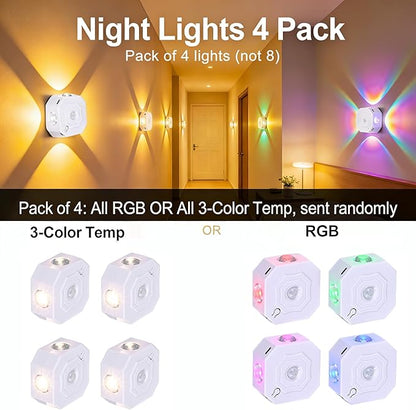 Motion Sensor LED Night Lights 4 Pack, Rechargeable Wireless Stair Lights, Magnetic Installation, RGB & 3 Color Temp, Wall Sconce for Hallway Closet Bedroom Indoor