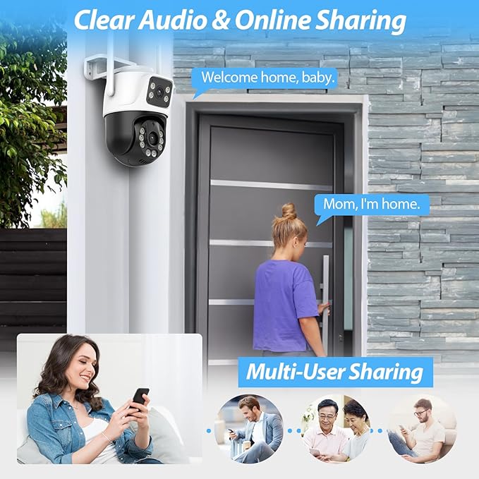 6MP Security Camera Outdoor, 360°PTZ Surveillance System, Dual Lens Security Camera 2.4Ghz 24/7 Record IP66 WiFi Camera for Home Security with Motion Detection, Color Night Vision,Two-Way Audio（White）