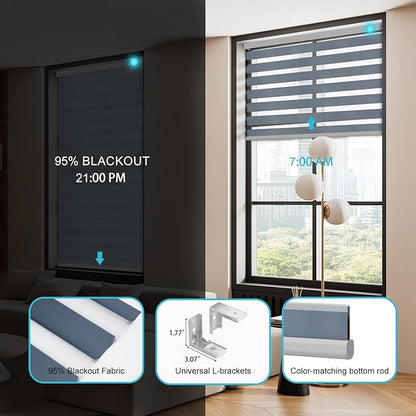 Motorized Zebra Blinds with Remote Smart Blind Work with Homekit Alexa SmartThings Electric Day and Night Shade Cordless Automatic Solar Powered Window Shade Customize(Pure Grey)
