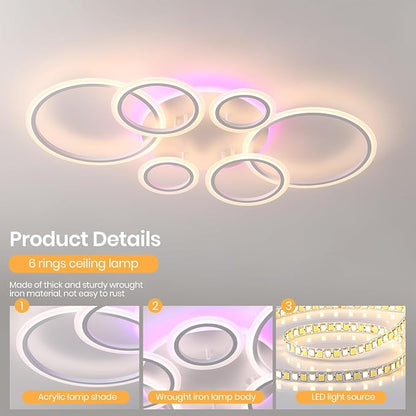 AITINZ Modern LED Ceiling Light 70W, 6 Ring Flush Mount Fixture Remote | 4200LM Dimmable Ceiling Light with Remote, 3000K-6000K Color Changing RGB Backlight for Living Room Bedroom Dining Room
