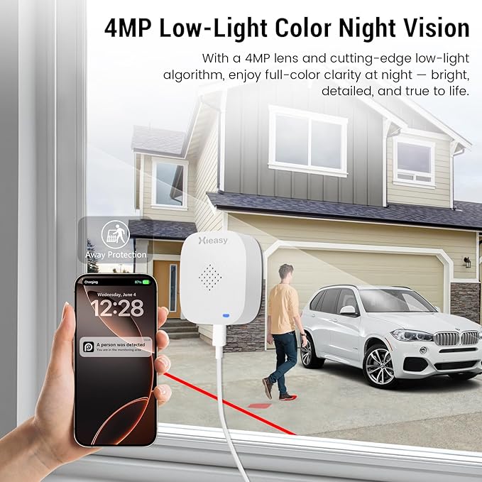 4MP 2.5K Window Security Camera with 24/7 Recording, No Subscription Required, Indoor Camera with Color Night Vision, Motion Detection,2.4G＆5G WiFi,Quick & Easy Installation (White1)