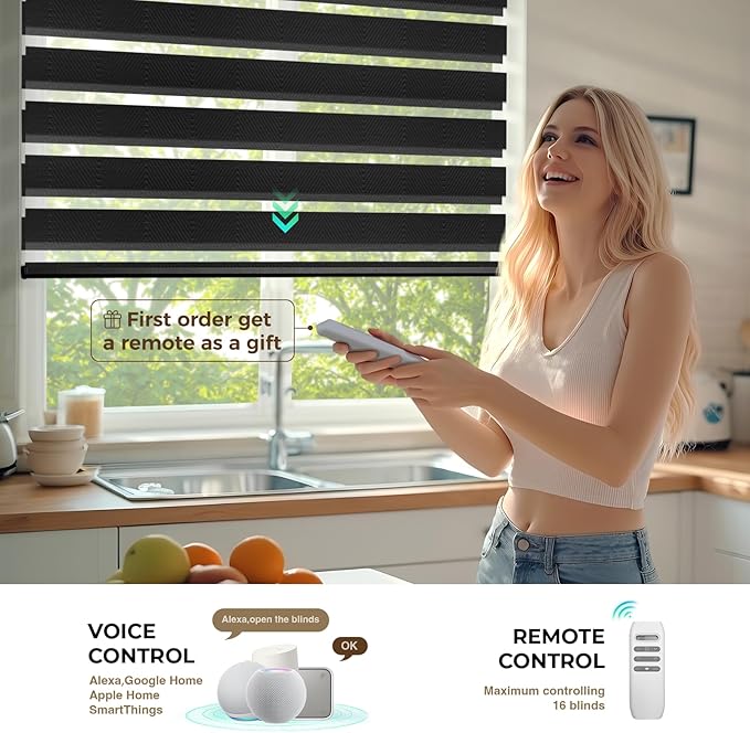 HeyBlinds Motorized Zebra Blinds with Remote, Smart Cordless Electric Zebra Shades for Indoor Windows Compatible with Alexa Google & Homekit, Custom Size (Waving-Perla Black BO)
