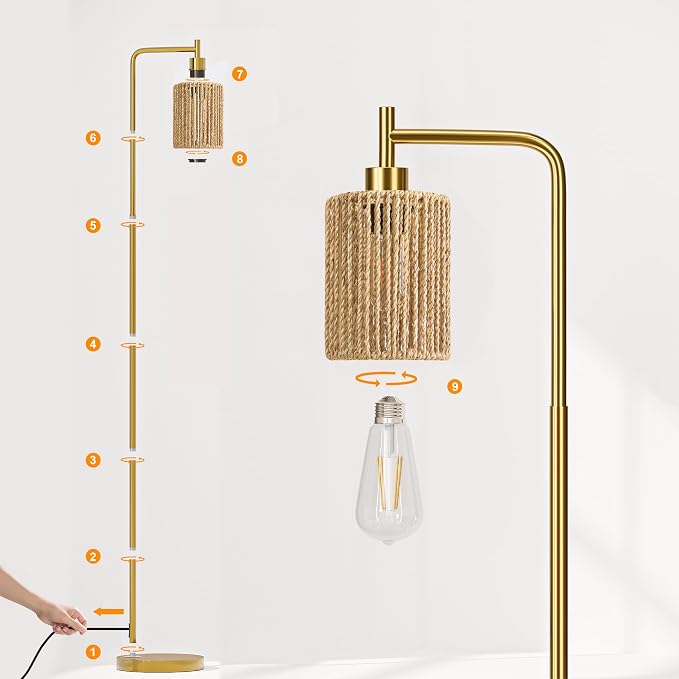Oneach 66" Gold Floor Lamp for Living Room, Boho Floor Lamp with Remote Control and LED Bulb, Rattan Shade, Industrial Tall Farmhouse Standing Lamp for Bedroom, Dining Room, Study Room, Office