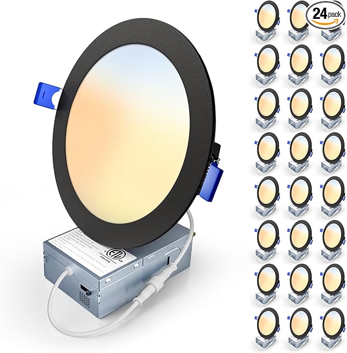 24 Pack 6 Inch 5CCT LED Recessed Light, Silm Canless Recessed Lighting, Dimmable, Damp Rated, 2700K-5000K, Wafer Ceiling Downlight with Junction Box, 1200LM, 12W 120V, Black, ETL&FCC