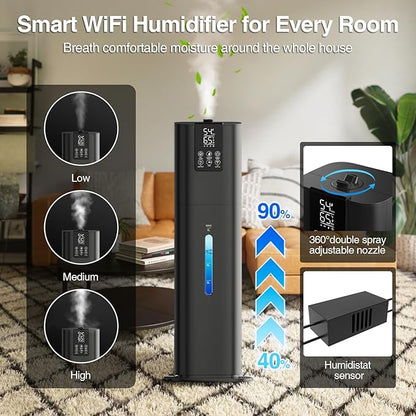 8L Smart Humidifier Large Room Bedroom Home, Quiet Top Fill Cool Mist Humidifier with Diffuser, Night Light, 3 Speed Humidifiers with 360° Nozzle, Timer, Humidity Setting for Plants Office Yoga Baby