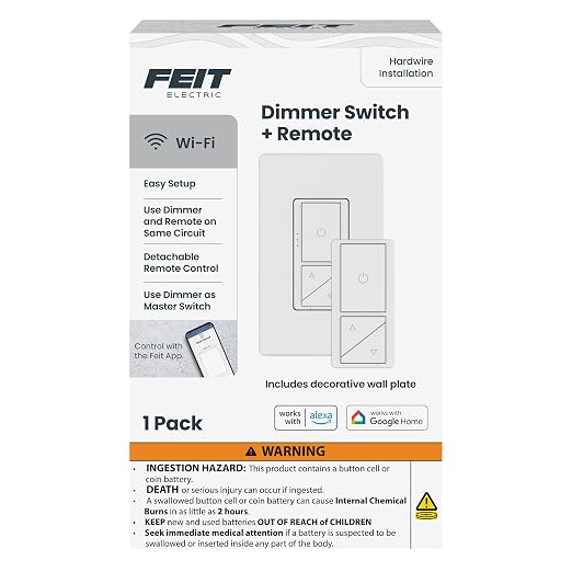 Feit Electric Smart WiFi Dimmer Switch with Remote, Single-Pole and 3-Way, Voice Control with Alexa & Google Asst, Wireless Wall-Mount Remote, App Control, Neutral Wire Required