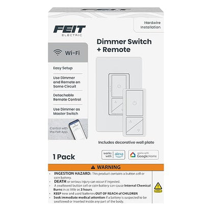 Feit Electric Smart WiFi Dimmer Switch with Remote, Single-Pole and 3-Way, Voice Control with Alexa & Google Asst, Wireless Wall-Mount Remote, App Control, Neutral Wire Required